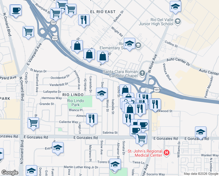 map of restaurants, bars, coffee shops, grocery stores, and more near 2311 Mono Street in Oxnard