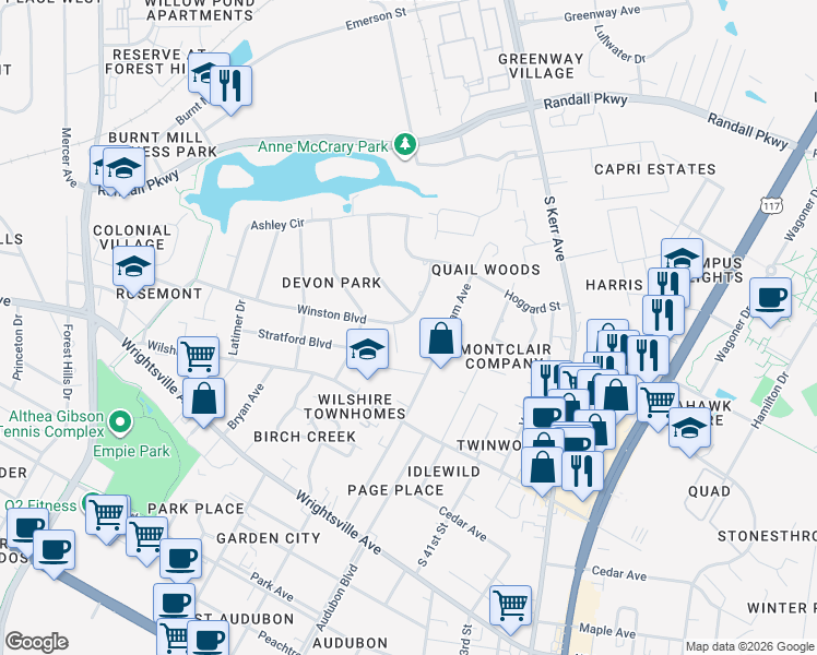 map of restaurants, bars, coffee shops, grocery stores, and more near 3805 Winston Boulevard in Wilmington