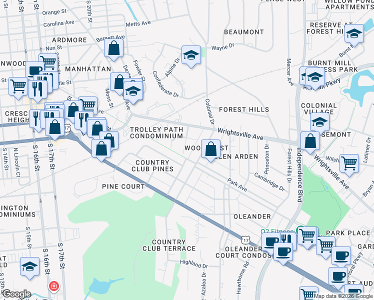 map of restaurants, bars, coffee shops, grocery stores, and more near 1209 Hill Street in Wilmington