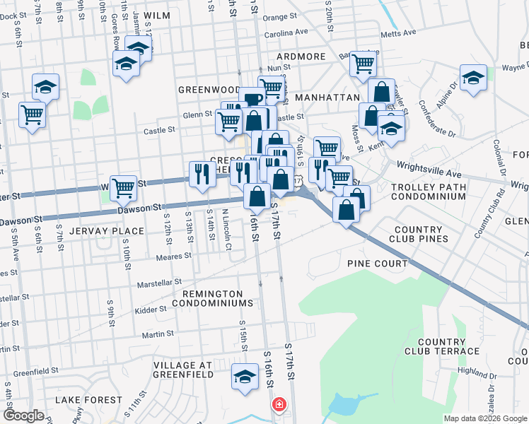 map of restaurants, bars, coffee shops, grocery stores, and more near 1618-1698 Dawson St in Wilmington