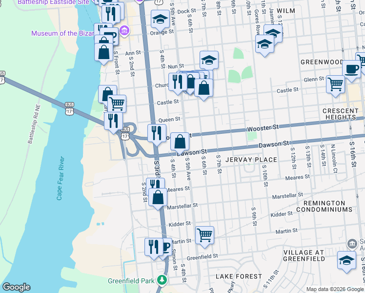 map of restaurants, bars, coffee shops, grocery stores, and more near 801 South 4th Street in Wilmington
