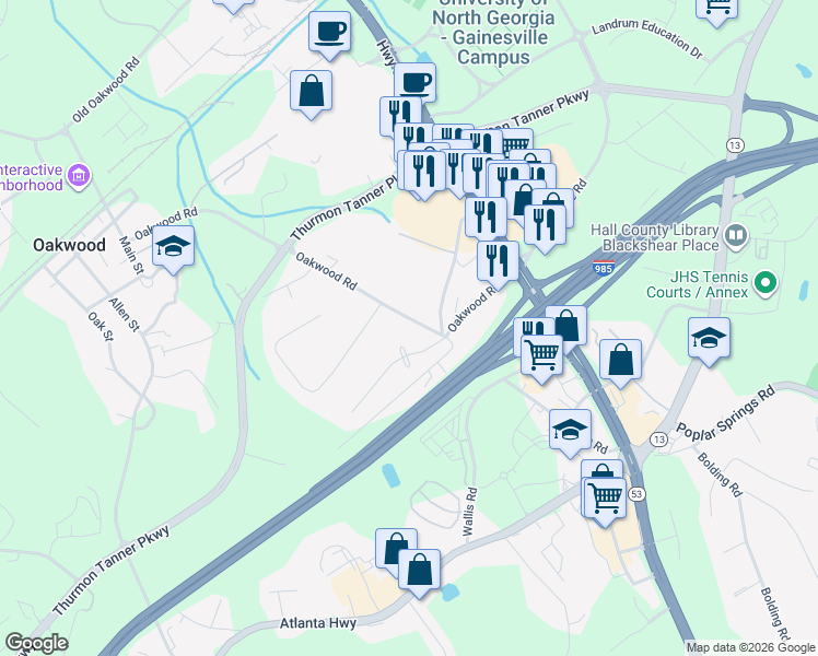map of restaurants, bars, coffee shops, grocery stores, and more near 4473A Oakwood Road in Oakwood
