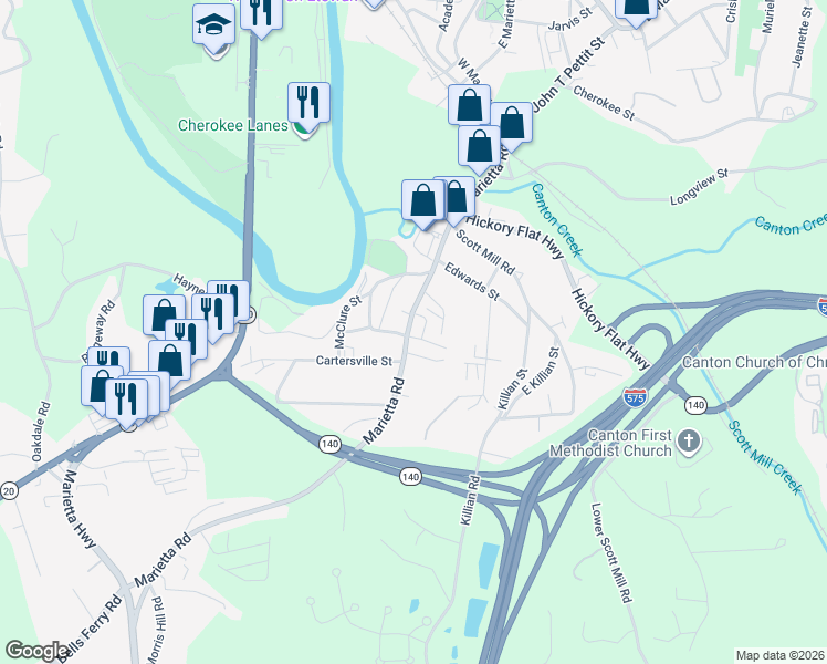 map of restaurants, bars, coffee shops, grocery stores, and more near 690 Marietta Road in Canton