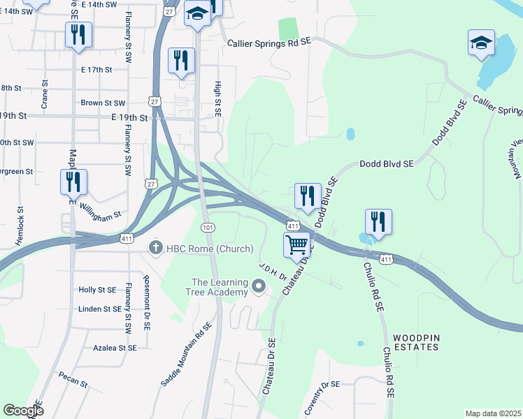 map of restaurants, bars, coffee shops, grocery stores, and more near 0 Georgia 20 in Rome