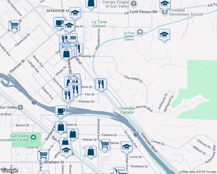 map of restaurants, bars, coffee shops, grocery stores, and more near 8505 Glencrest Drive in Los Angeles