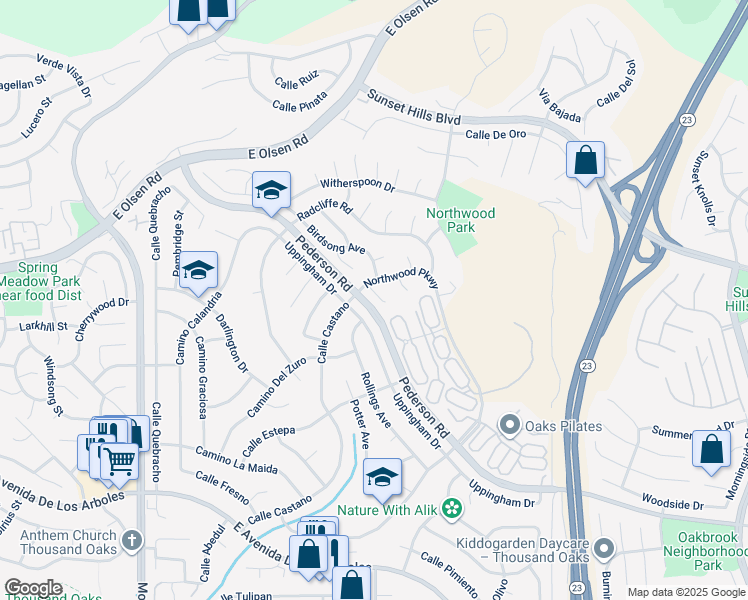 map of restaurants, bars, coffee shops, grocery stores, and more near 3355 Altuna Court in Thousand Oaks