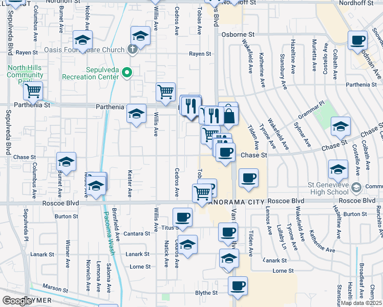 map of restaurants, bars, coffee shops, grocery stores, and more near 8503 Tobias Ave in Panorama City