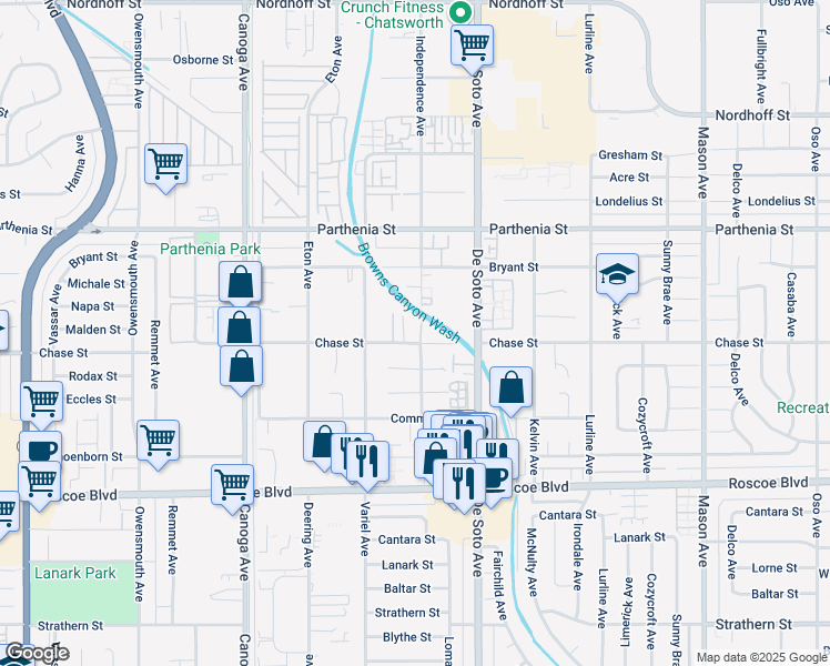 map of restaurants, bars, coffee shops, grocery stores, and more near 8511 Independence Avenue in Los Angeles