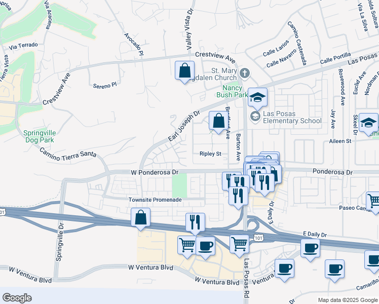 map of restaurants, bars, coffee shops, grocery stores, and more near 855 Green Lawn Avenue in Camarillo