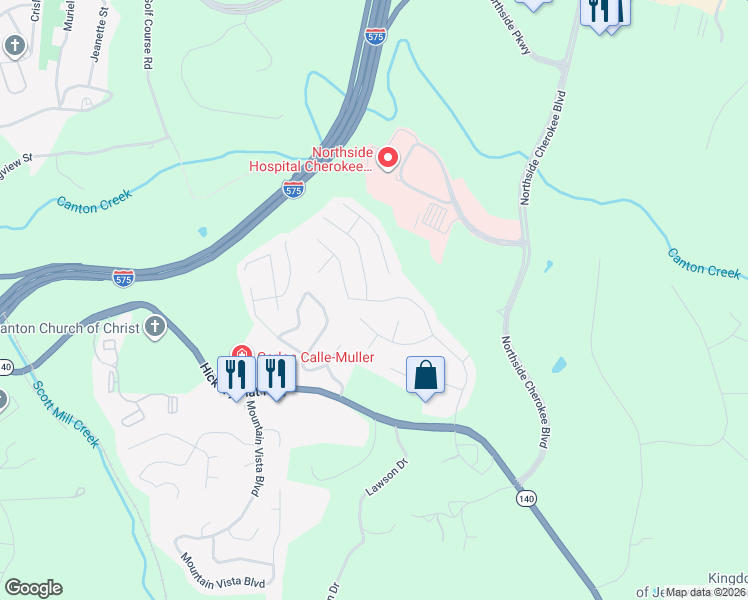 map of restaurants, bars, coffee shops, grocery stores, and more near 3742 Cherokee Overlook Drive in Canton