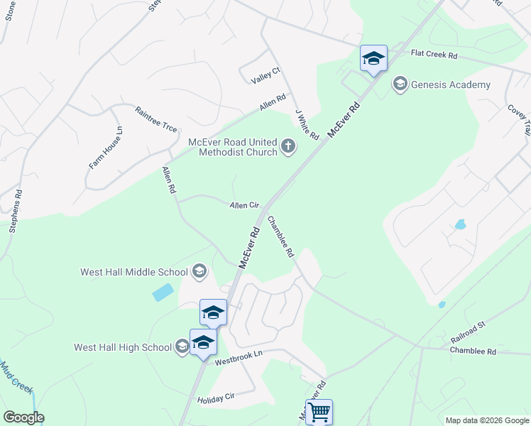 map of restaurants, bars, coffee shops, grocery stores, and more near 5319 McEver Road in Oakwood