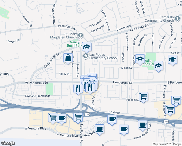 map of restaurants, bars, coffee shops, grocery stores, and more near 836 Calle La Prada in Camarillo