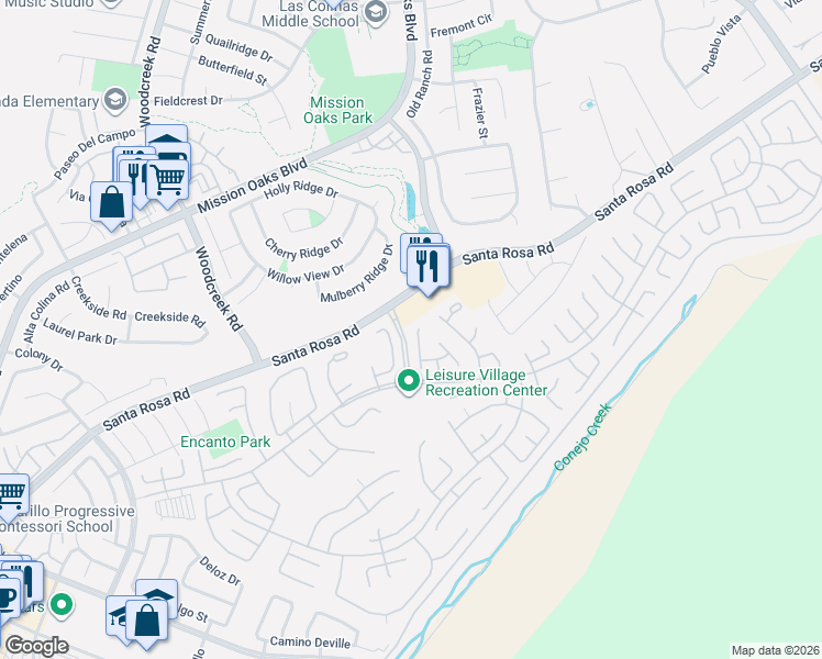 map of restaurants, bars, coffee shops, grocery stores, and more near 13221 Village 13 in Camarillo