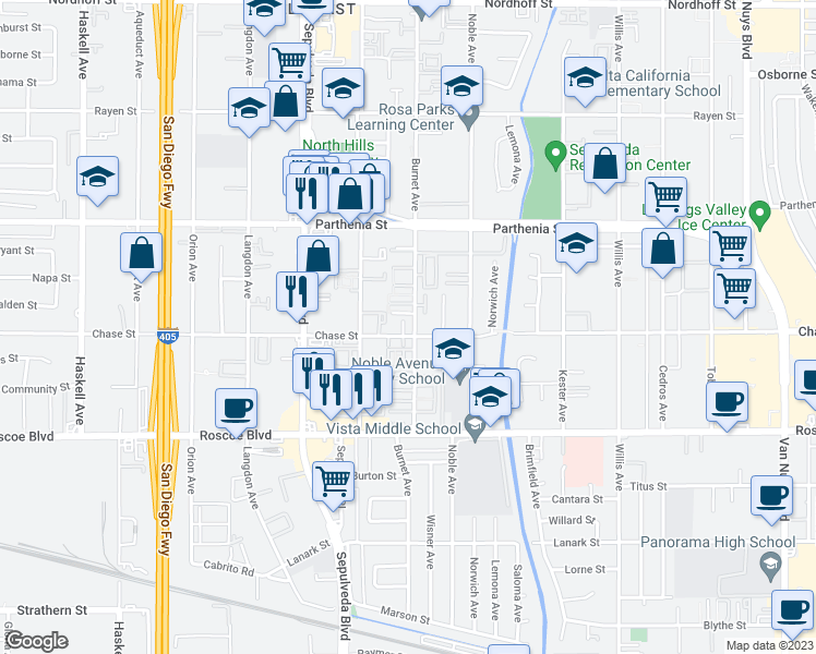 map of restaurants, bars, coffee shops, grocery stores, and more near 8505 Burnet Avenue in Los Angeles
