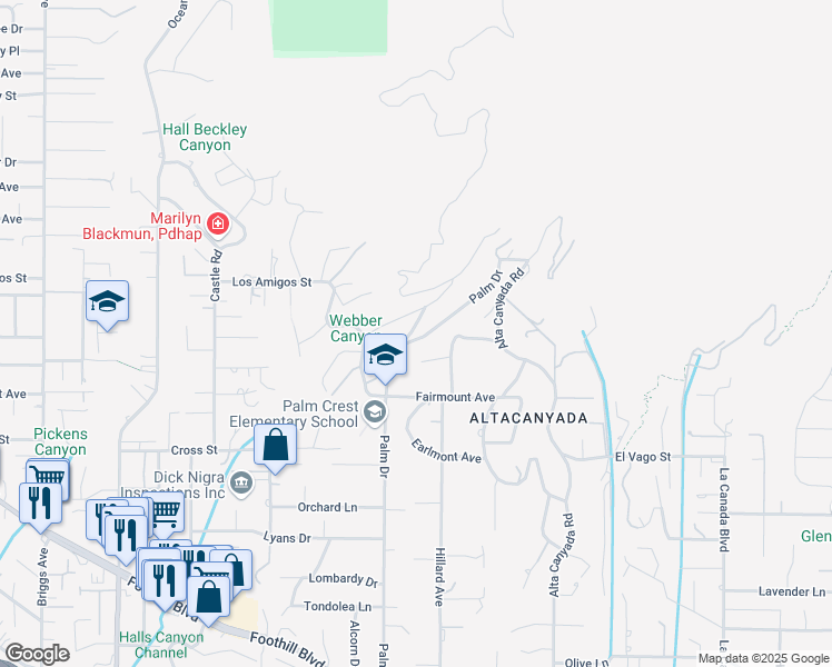 map of restaurants, bars, coffee shops, grocery stores, and more near 5215 Palm Drive in La Cañada Flintridge