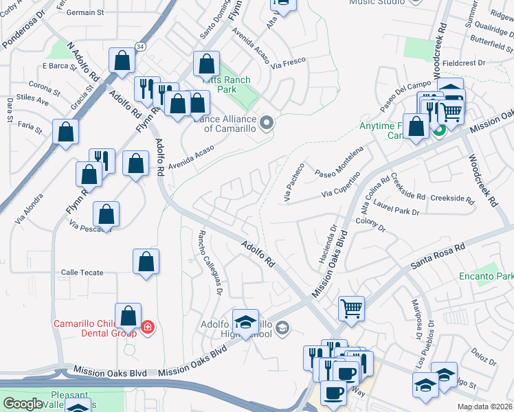 map of restaurants, bars, coffee shops, grocery stores, and more near 59 Caleta Drive in Camarillo