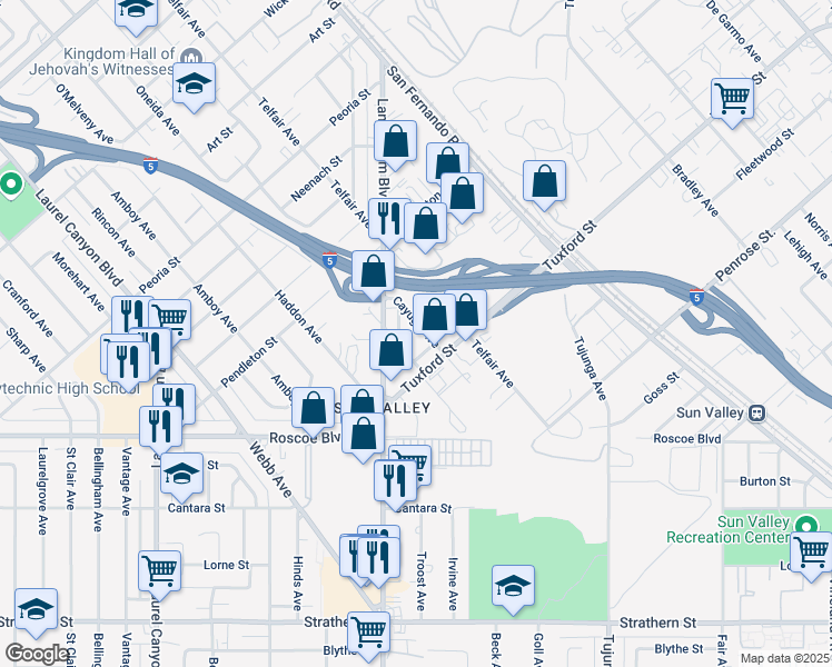 map of restaurants, bars, coffee shops, grocery stores, and more near 8542 Cayuga Avenue in Los Angeles