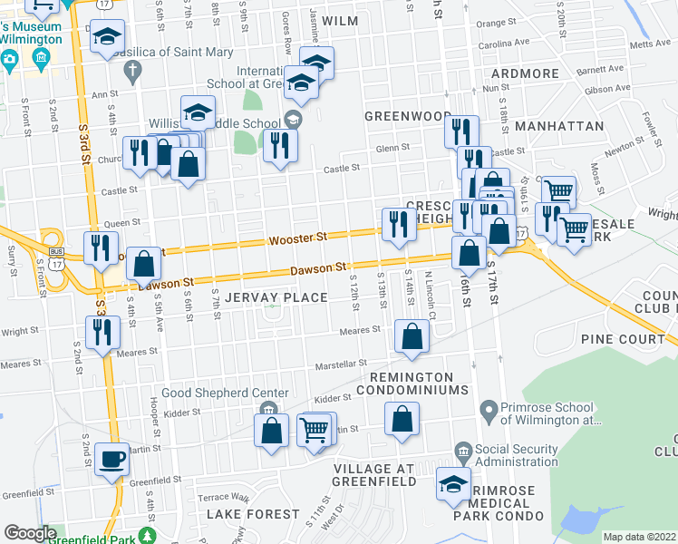 map of restaurants, bars, coffee shops, grocery stores, and more near 1110 Dawson Street in Wilmington