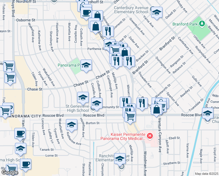 map of restaurants, bars, coffee shops, grocery stores, and more near 8453 Cantaloupe Avenue in Los Angeles