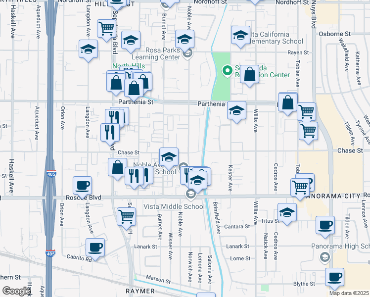map of restaurants, bars, coffee shops, grocery stores, and more near 8509 Noble Avenue in Los Angeles