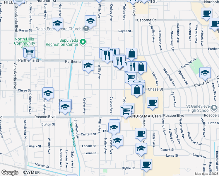 map of restaurants, bars, coffee shops, grocery stores, and more near 8505 Cedros Avenue in Los Angeles