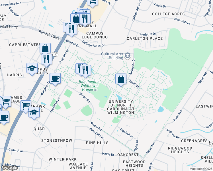map of restaurants, bars, coffee shops, grocery stores, and more near Price Drive in Wilmington