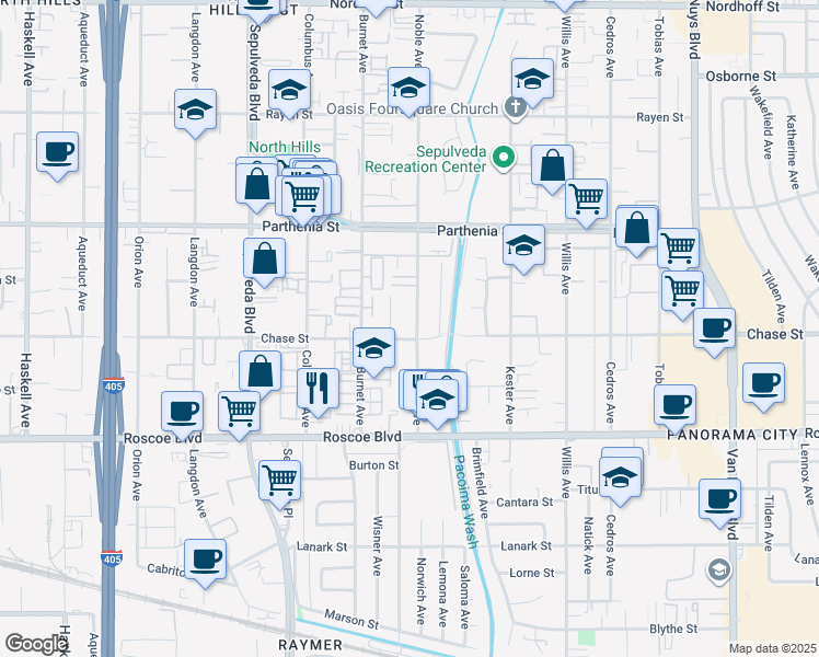 map of restaurants, bars, coffee shops, grocery stores, and more near 8509 Noble Avenue in Los Angeles