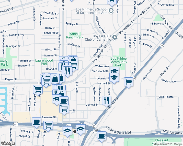 map of restaurants, bars, coffee shops, grocery stores, and more near 2725 McCulloch Street in Camarillo