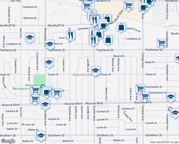 map of restaurants, bars, coffee shops, grocery stores, and more near 8508 Jumilla Avenue in Los Angeles