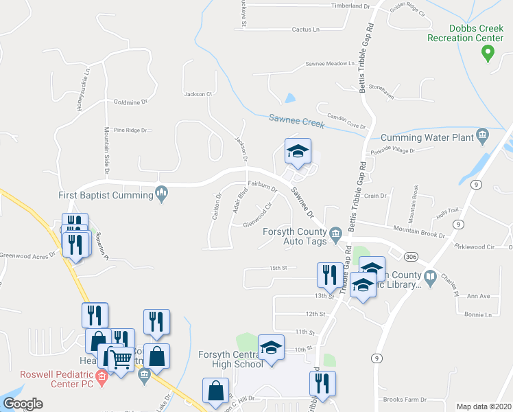 map of restaurants, bars, coffee shops, grocery stores, and more near 1655 Jasper Court in Cumming