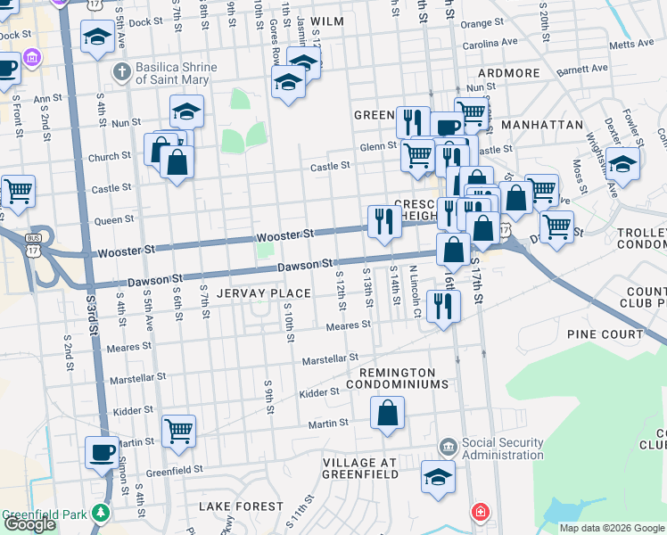 map of restaurants, bars, coffee shops, grocery stores, and more near 821 South 12th Street in Wilmington