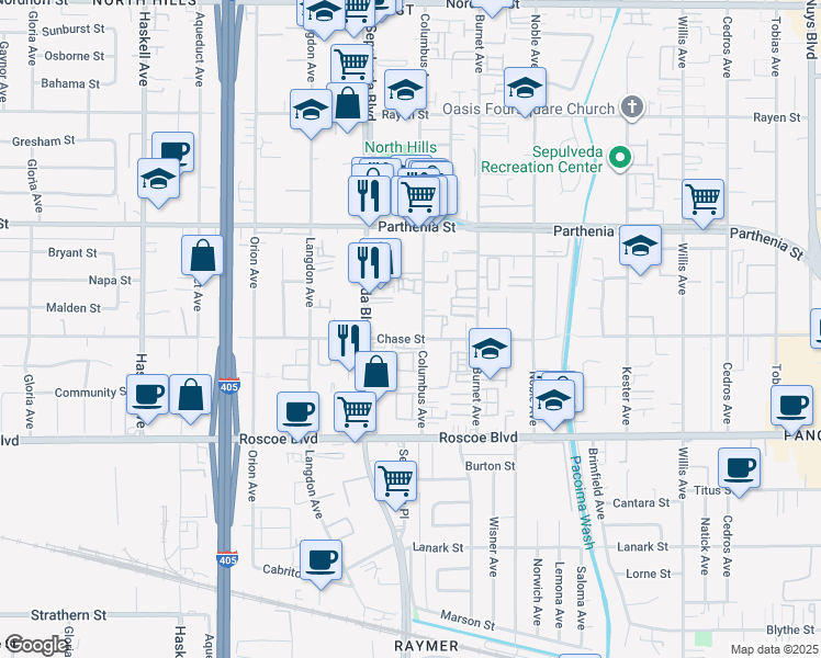 map of restaurants, bars, coffee shops, grocery stores, and more near 8505 Columbus Avenue in Los Angeles