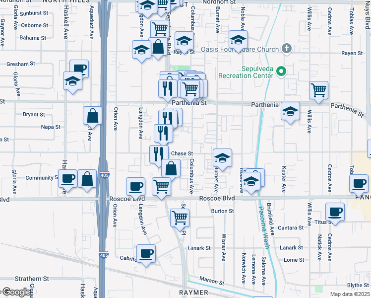 map of restaurants, bars, coffee shops, grocery stores, and more near 8505 Columbus Avenue in Los Angeles