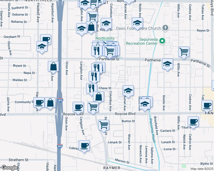 map of restaurants, bars, coffee shops, grocery stores, and more near 8505 Columbus Avenue in North Hills