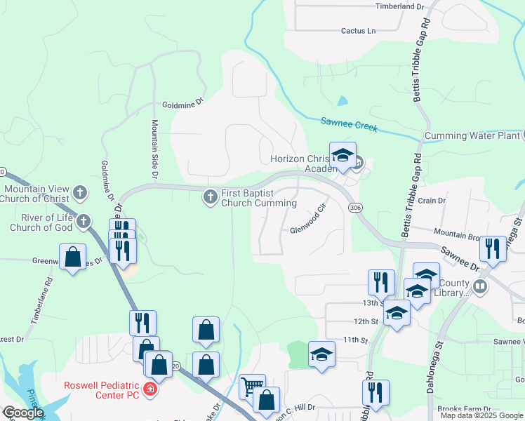 map of restaurants, bars, coffee shops, grocery stores, and more near 1710 Grayson Circle in Cumming