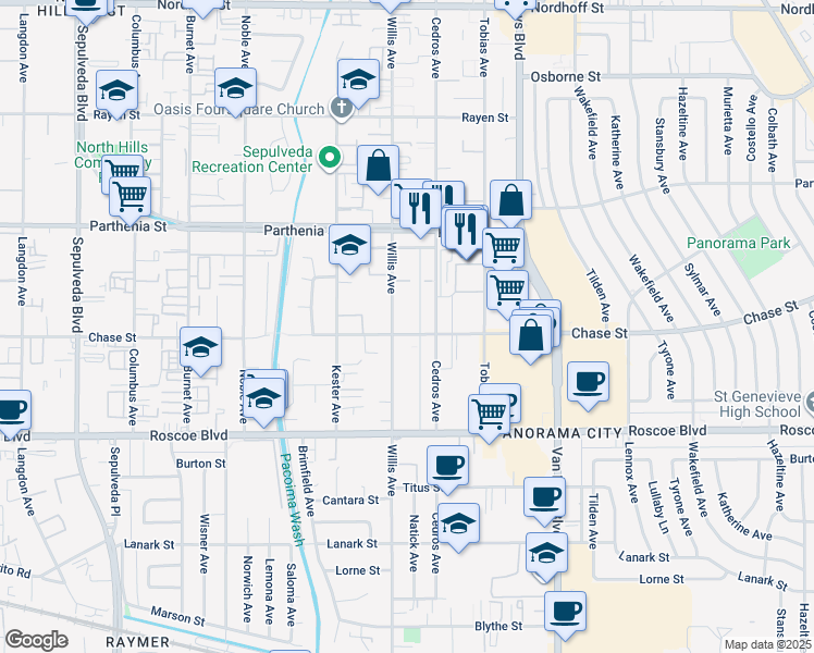 map of restaurants, bars, coffee shops, grocery stores, and more near 8526 Willis Avenue in Los Angeles