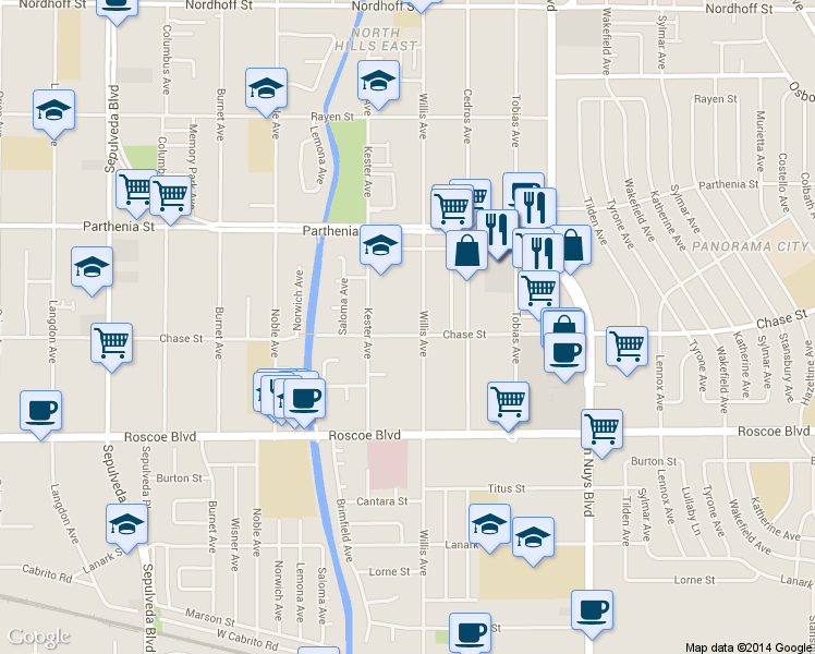 map of restaurants, bars, coffee shops, grocery stores, and more near 8500 Kester Avenue in Los Angeles