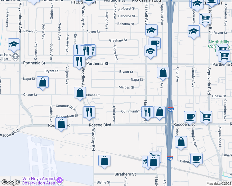 map of restaurants, bars, coffee shops, grocery stores, and more near 8534 Gloria Avenue in Los Angeles