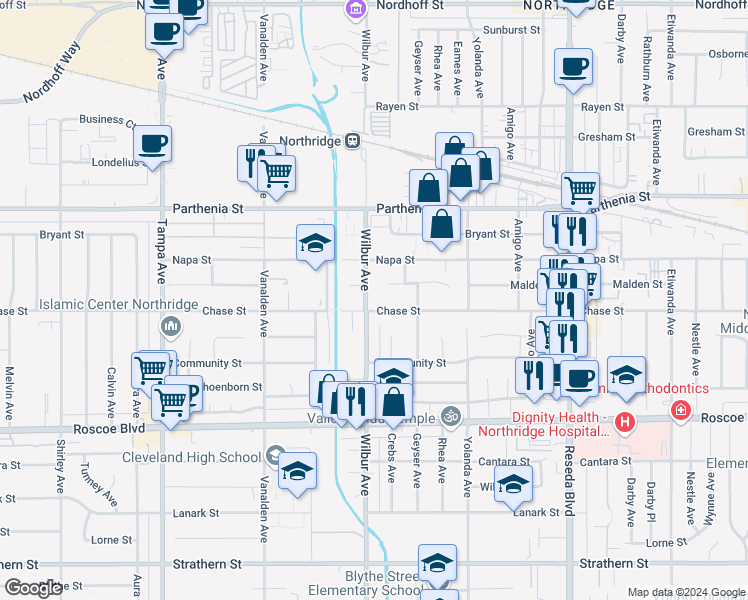 map of restaurants, bars, coffee shops, grocery stores, and more near 18900 Malden Street in Los Angeles