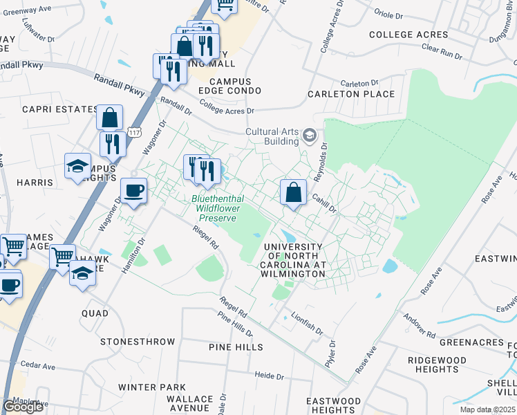 map of restaurants, bars, coffee shops, grocery stores, and more near in Wilmington
