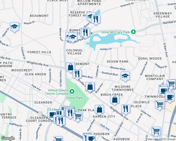 map of restaurants, bars, coffee shops, grocery stores, and more near 3300 Wilshire Boulevard in Wilmington