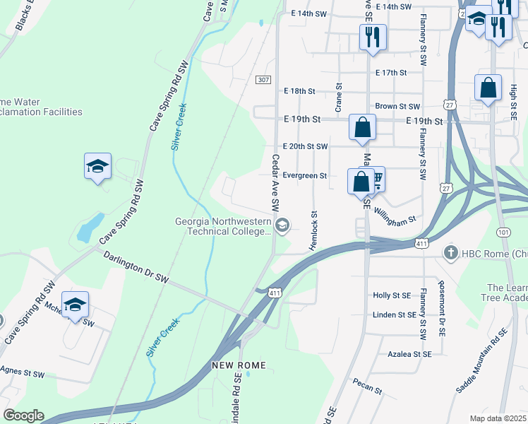 map of restaurants, bars, coffee shops, grocery stores, and more near 709 Cedar Avenue Southwest in Rome