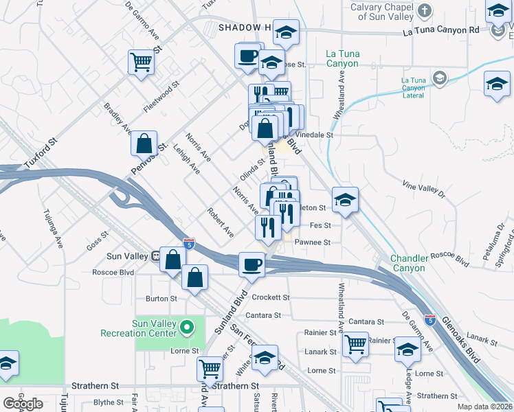 map of restaurants, bars, coffee shops, grocery stores, and more near 10825 Nettleton Street in Los Angeles