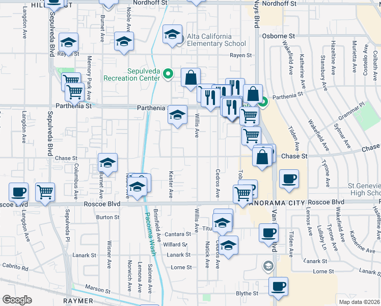 map of restaurants, bars, coffee shops, grocery stores, and more near 14805 Chase Street in Los Angeles