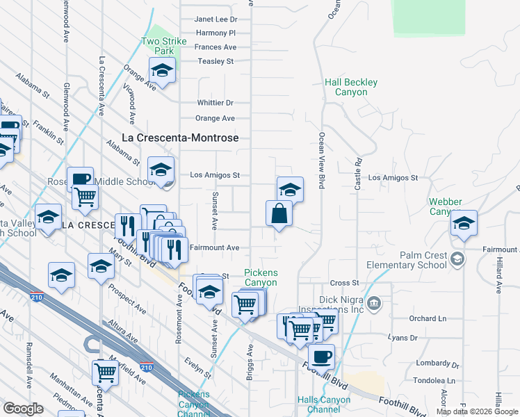 map of restaurants, bars, coffee shops, grocery stores, and more near 4812 Briggs Avenue in La Crescenta-Montrose