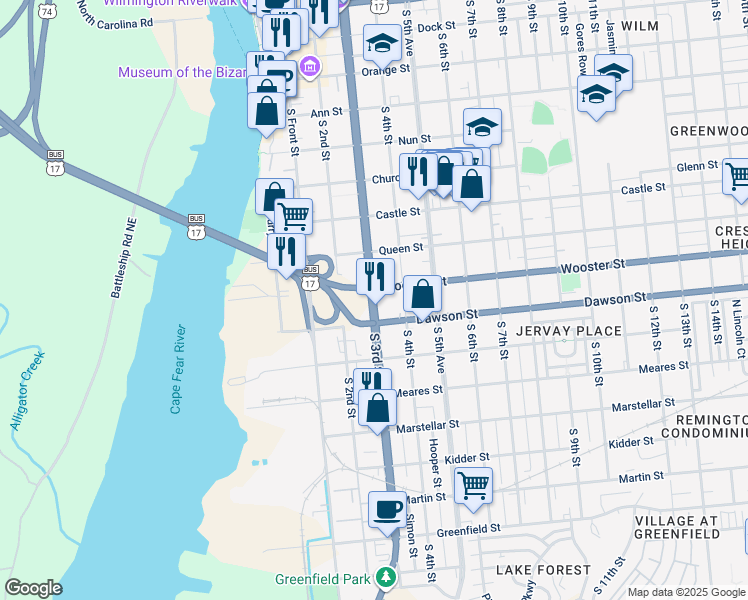map of restaurants, bars, coffee shops, grocery stores, and more near South 3rd Street in Wilmington
