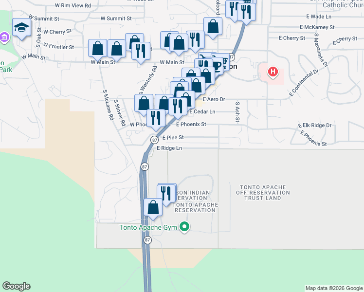 map of restaurants, bars, coffee shops, grocery stores, and more near 205 East Pine Street in Payson