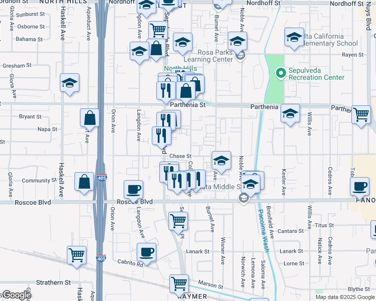 map of restaurants, bars, coffee shops, grocery stores, and more near 8505 Columbus Avenue in Los Angeles