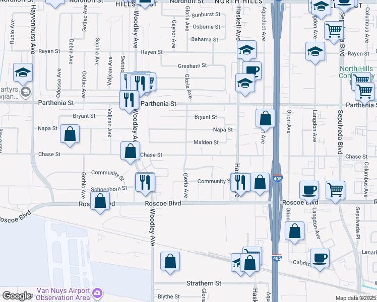map of restaurants, bars, coffee shops, grocery stores, and more near 8534 Gloria Avenue in Los Angeles