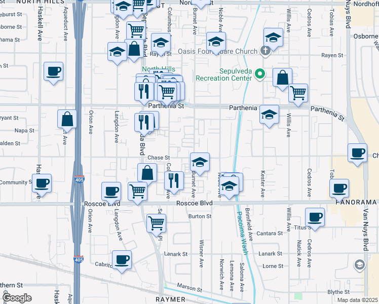 map of restaurants, bars, coffee shops, grocery stores, and more near 8505 Burnet Avenue in Los Angeles